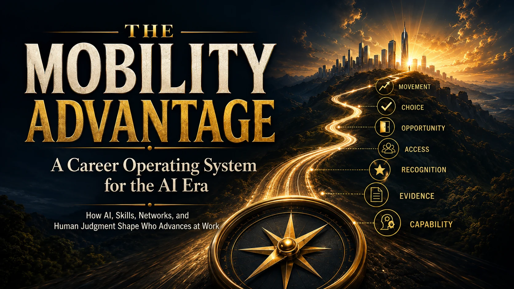 The Mobility Advantage career operating system for the AI era, with a golden career path and seven career-conversion stages.